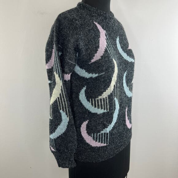 VINTAGE Adele Knitwear Retro Print Gray Silver Pullover Sweater Crew Neck 3 VTG - Picture 2 of 9
